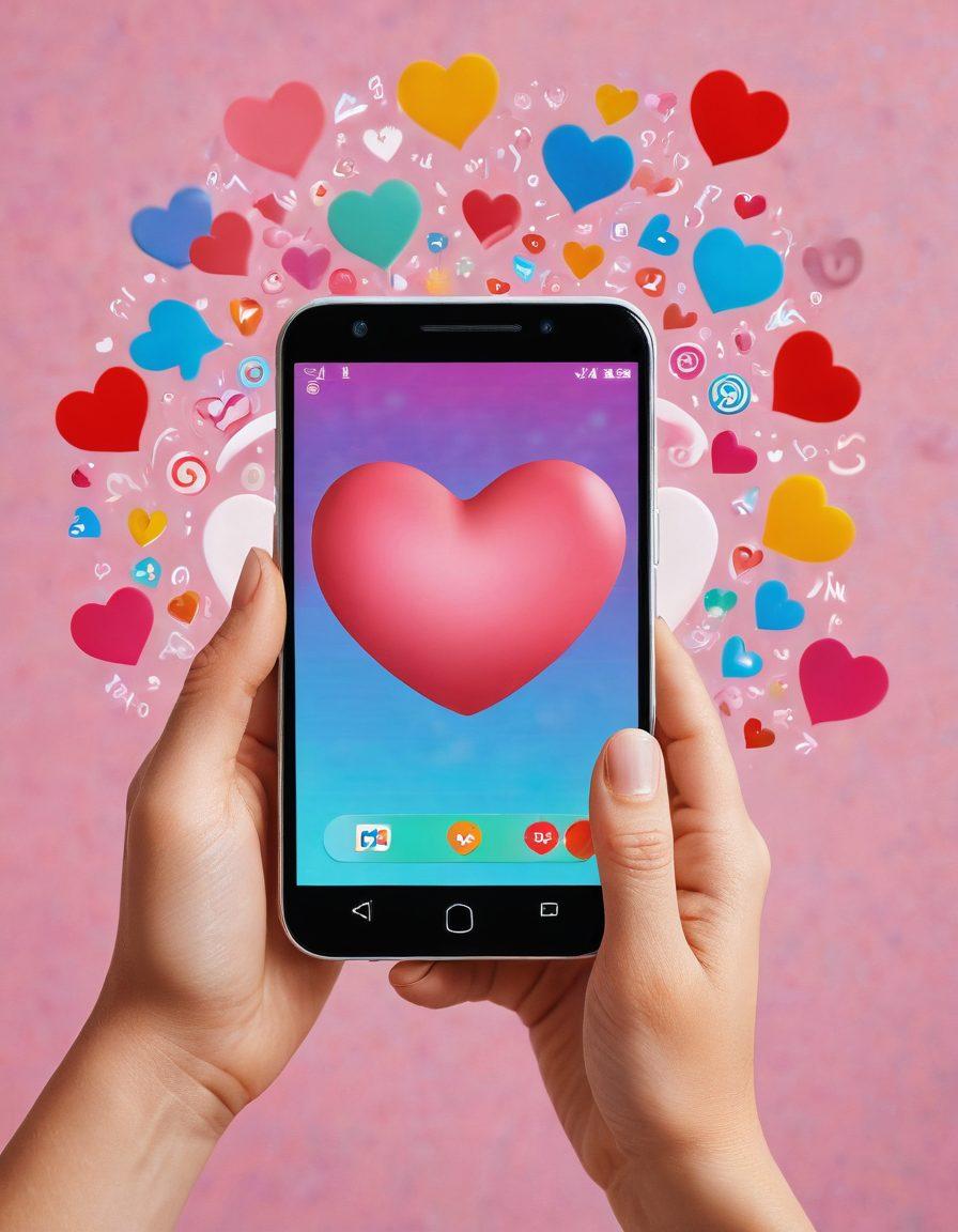 A heart-shaped smartphone held by two hands, sending a playful digital love message, surrounded by vibrant symbols of connectivity like Wi-Fi signals and love emojis. The background features soft pastel colors for a warm and affectionate feel, capturing the essence of staying connected while keeping it budget-friendly. super-realistic. vibrant colors. soft background.