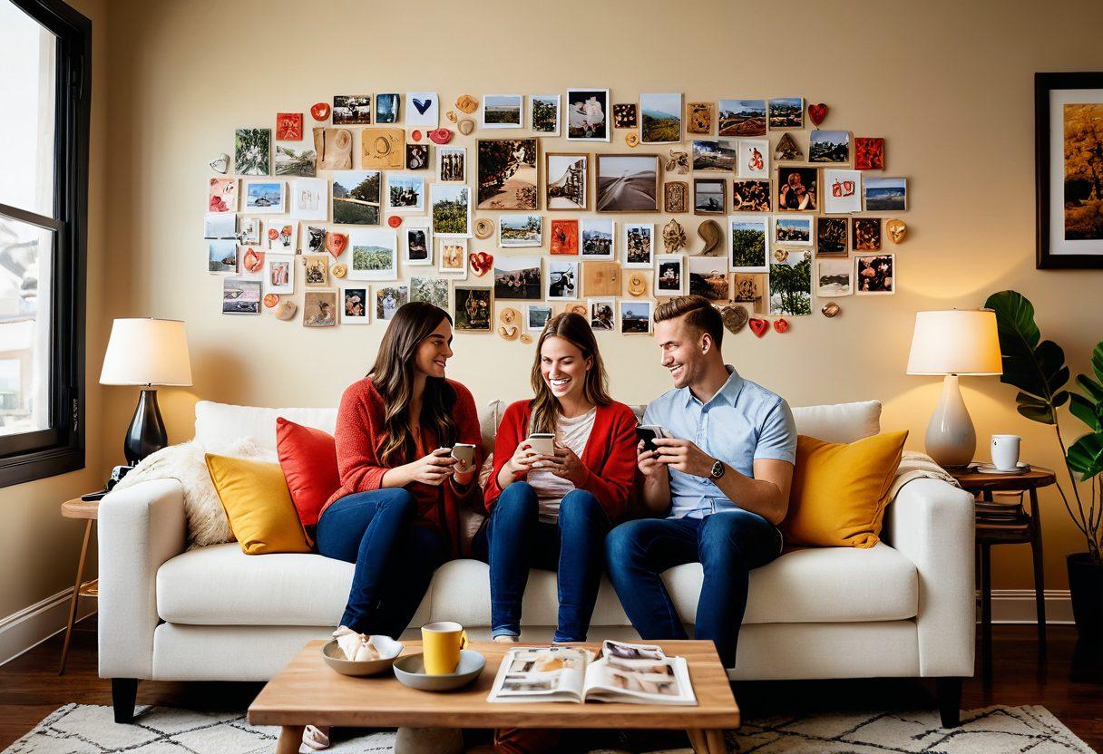 A cozy scene of a couple sitting together on a couch, happily discussing their affordable communication plans with smartphones and coffee mugs in hand. The room is filled with soft, warm lighting, colorful cushions, and a vision board showcasing budget-friendly travel and activities. Elements like heart-shaped icons and dollar signs subtly integrated into the background to symbolize romance and savings. super-realistic. warm colors. soft focus.