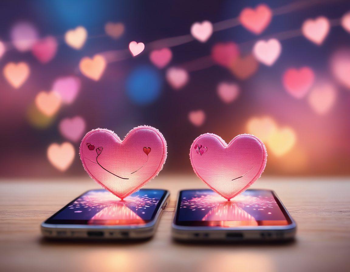 A romantic scene depicting two smartphones displaying heart emojis and love messages, connected by a vibrant, glowing thread symbolizing communication. In the background, a soft, dreamy bokeh of pastel colors creates a warm atmosphere, with subtle illustrations of popular messaging icons around the phones. The image should evoke feelings of love, connection, and accessibility. vector art. vibrant colors. soft focus.